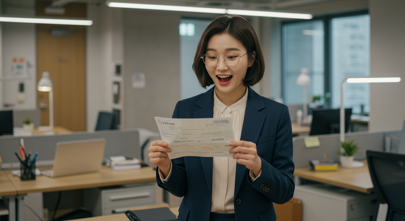 2025년 통상임금 변화로 실수령액이 올라 기뻐하는 직장인의 모습