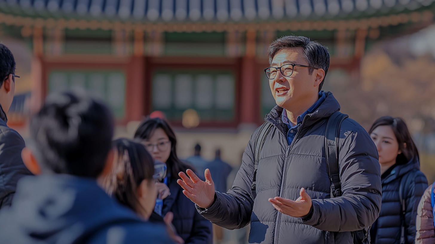 관광객들에게 문화재를 설명하는 중년의 관광통역안내사