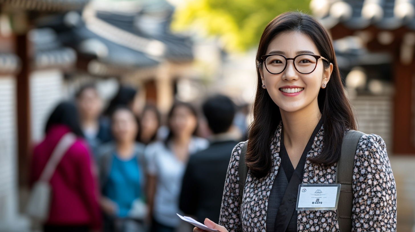 관광통역안내사 면접 기출-008 관광통역안내사가 랜드마크 앞에서 관광객들을 뒤로 하고 웃으며 서 있는 모습