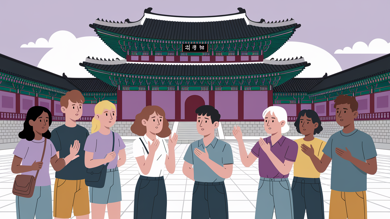 관광통역안내사 면접 기출 난동 관광객 대처 방법 궁궐 앞에서 관광객을 중재시키는 관광통역안내사 이미지