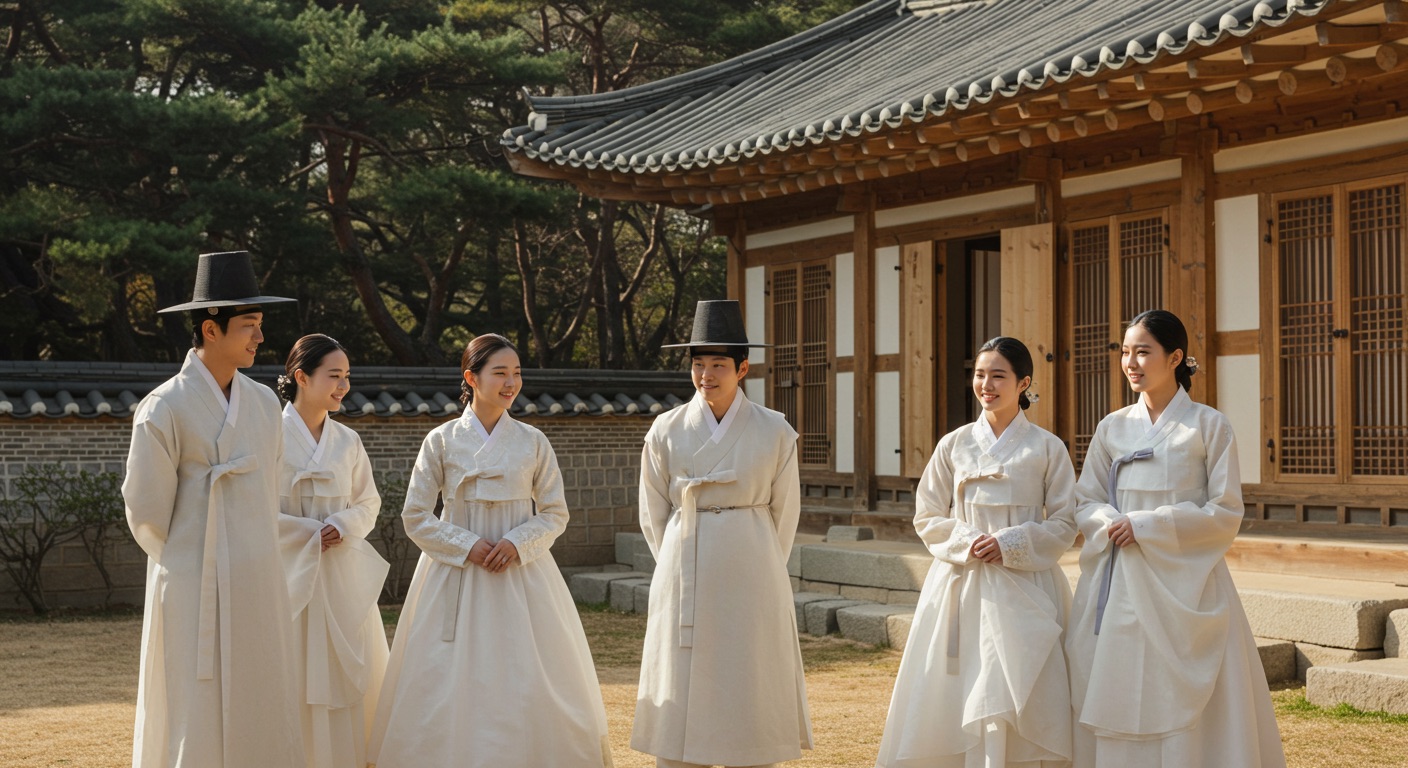 관광통역안내사 면접 기출 백의의 민족 한국사람들이 한옥 앞에서 한복을 입고 서 있는 모습
