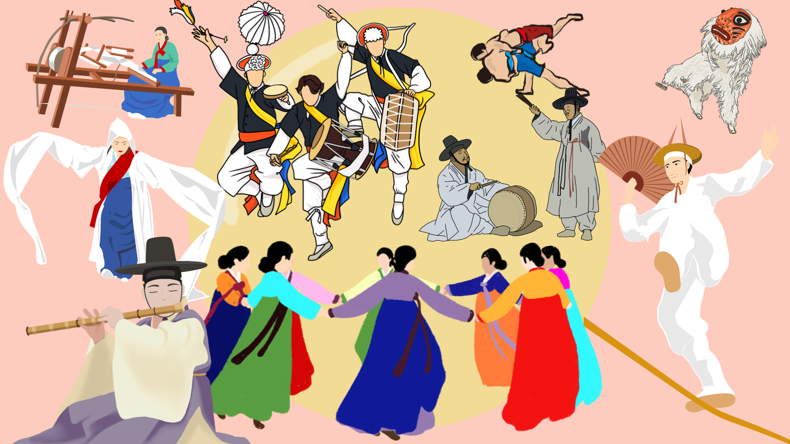 관광통역안내사-면접-기출-본문-이미지-016 한국의 국가무형유산을 설명하는 일러스트 강강술래, 승무, 줄타기, 대금산조, 판소리 등