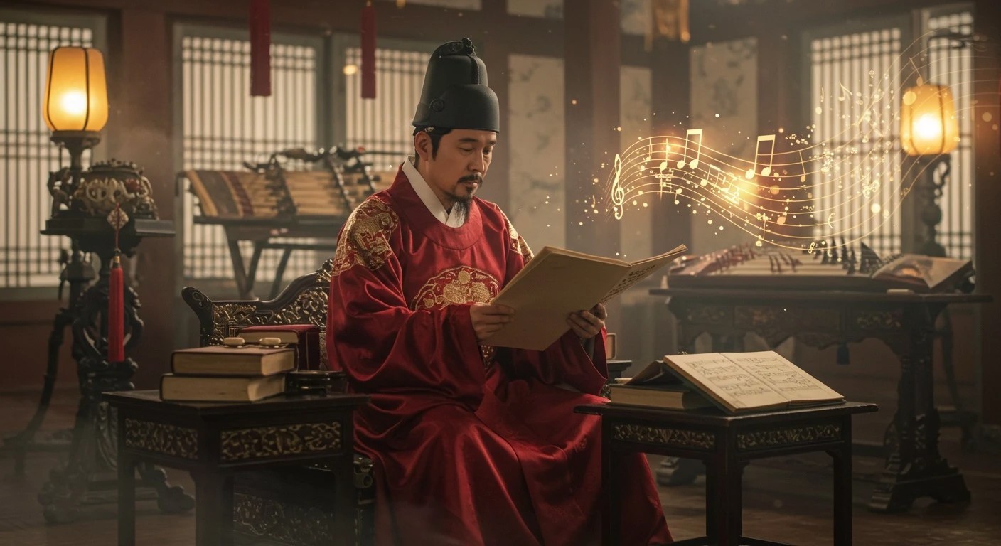 관광통역안내사 면접 기출 세종대왕의 음악 관련 업적을 설명하는 이미지. 세종대왕이 악보를 읽고 있다.