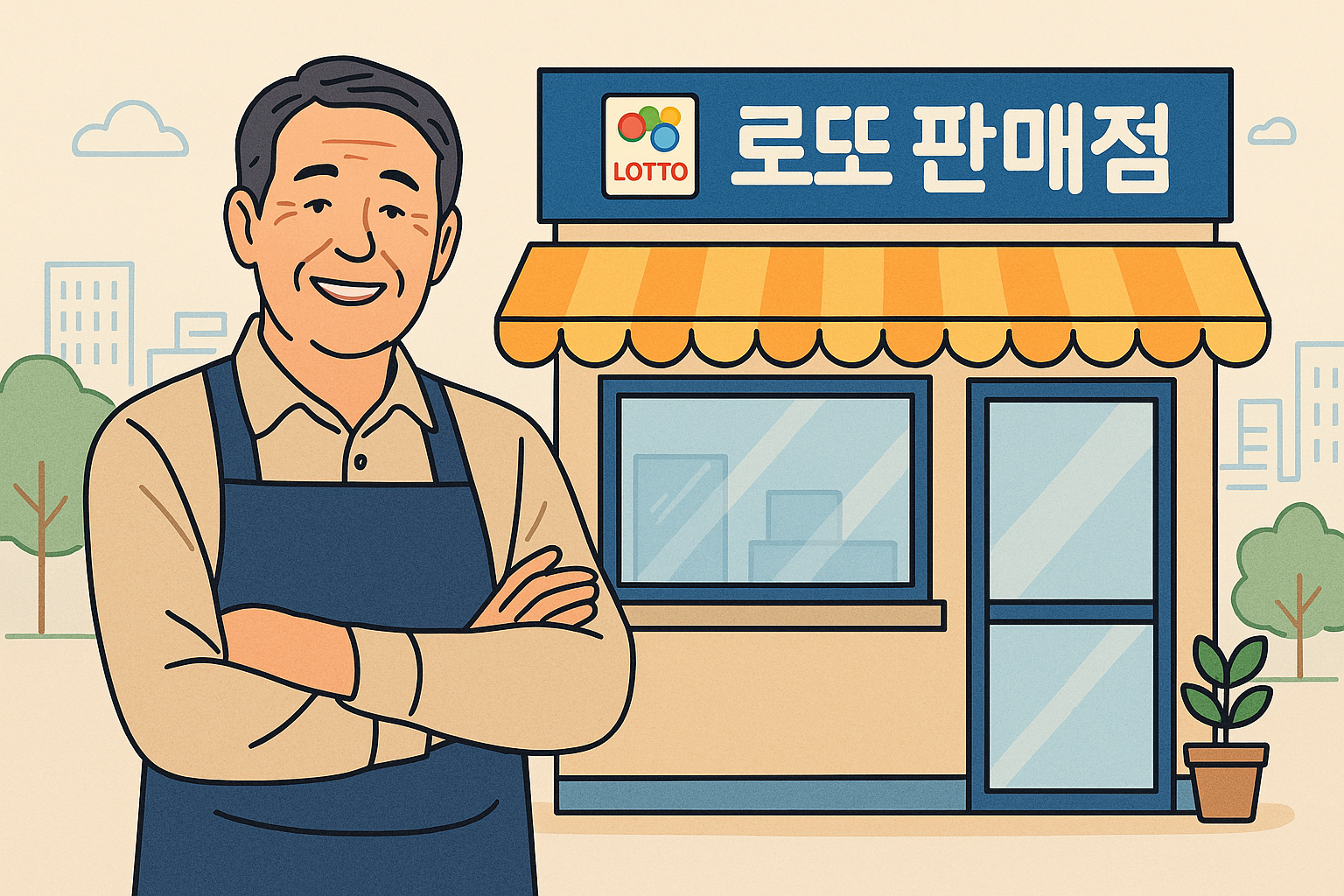 로또 판매점 창업 가이드 앞치마를 두른 중장년 남성 소상공인