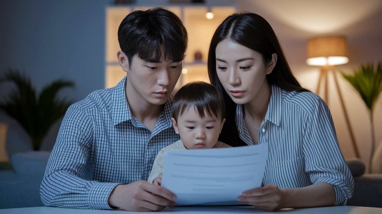 인천 천원주택 신청 전 체크리스트 아이와 함께 젊은 부부가 서류를 검토하는 모습