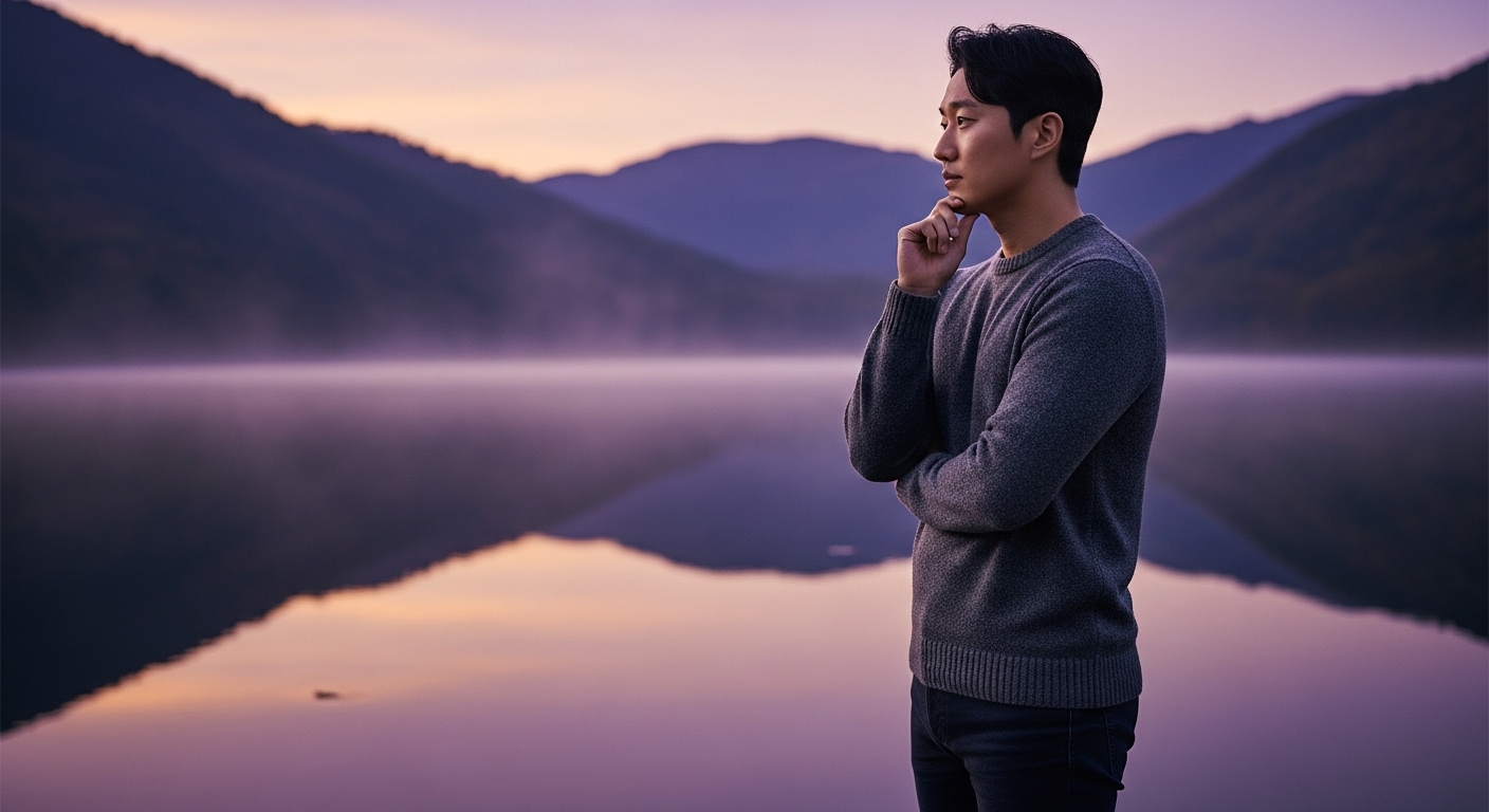 호수 앞에 서서 생각에 잠긴 계해일주 남자
