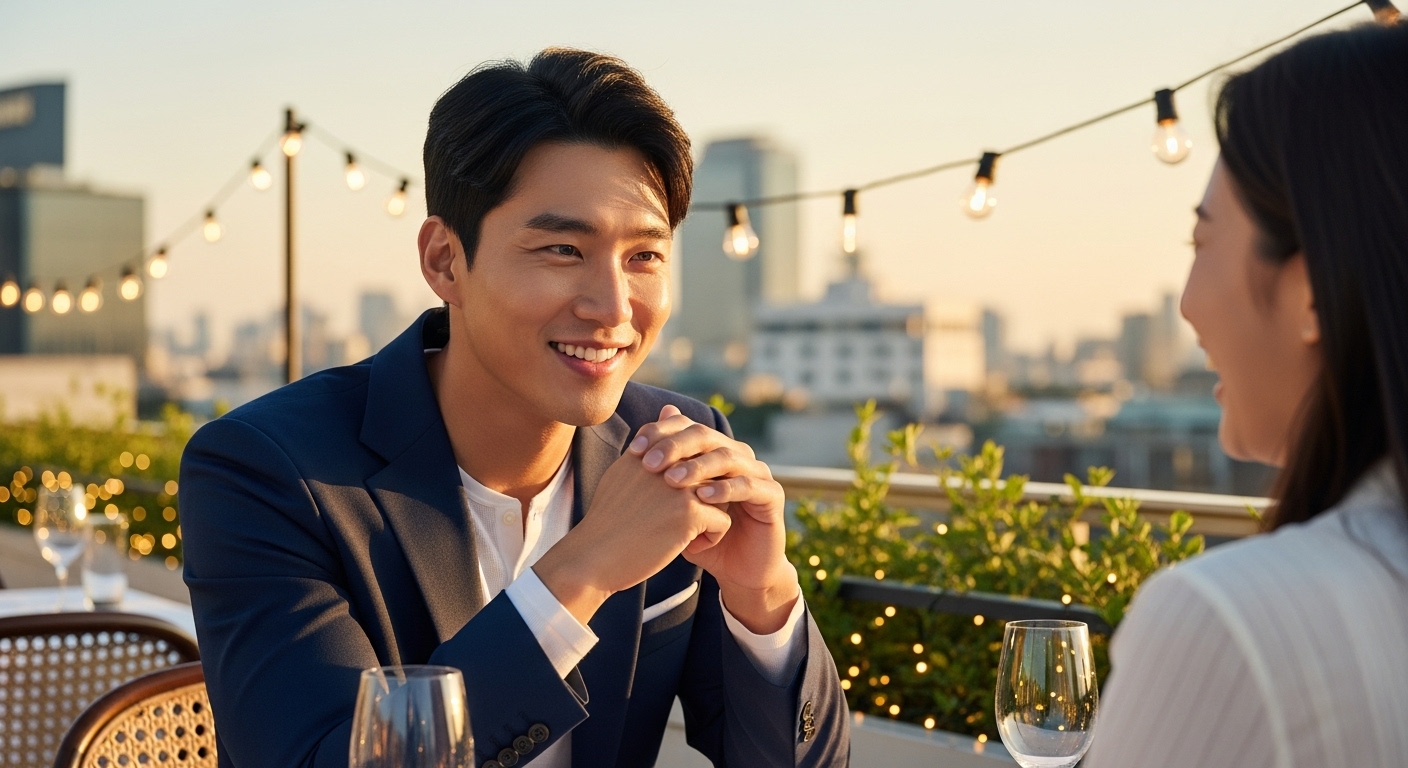 계해일주 남자가 야외 테라스가 있는 카페에서 여자친구와 이야기를 나누고 있다