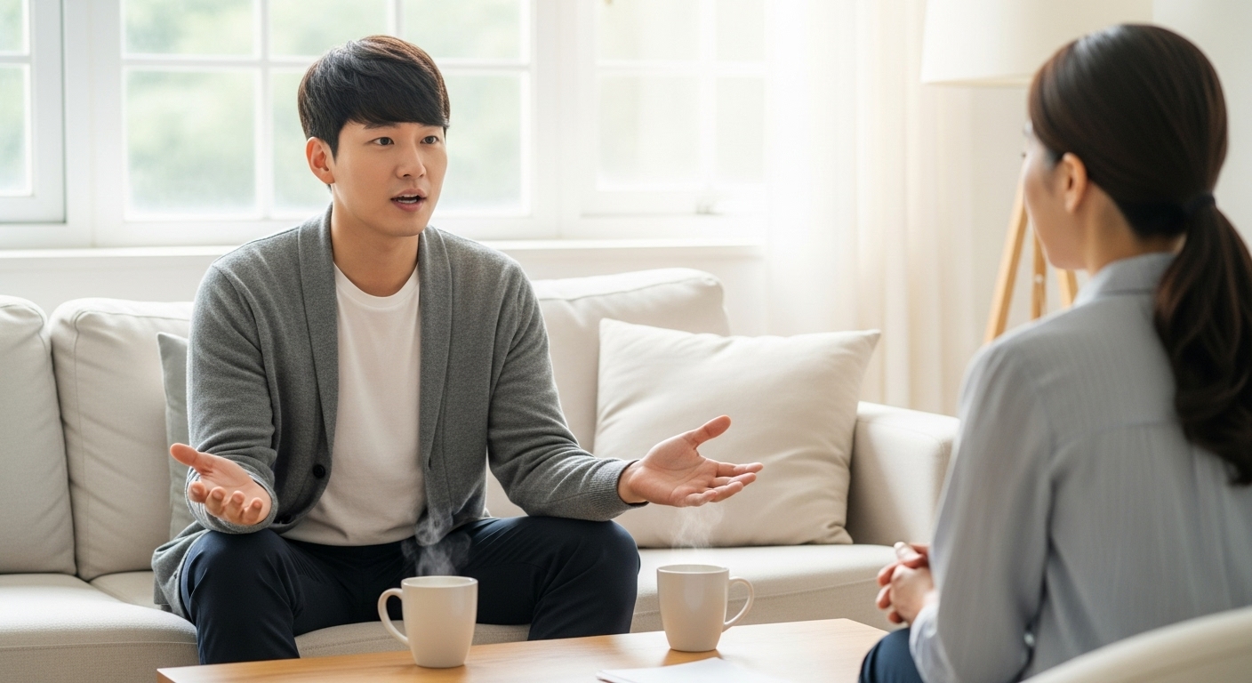 계해일주 남자가 갈등상황에서 여자친구와 함께 진지하게 이야기를 나누고 있다