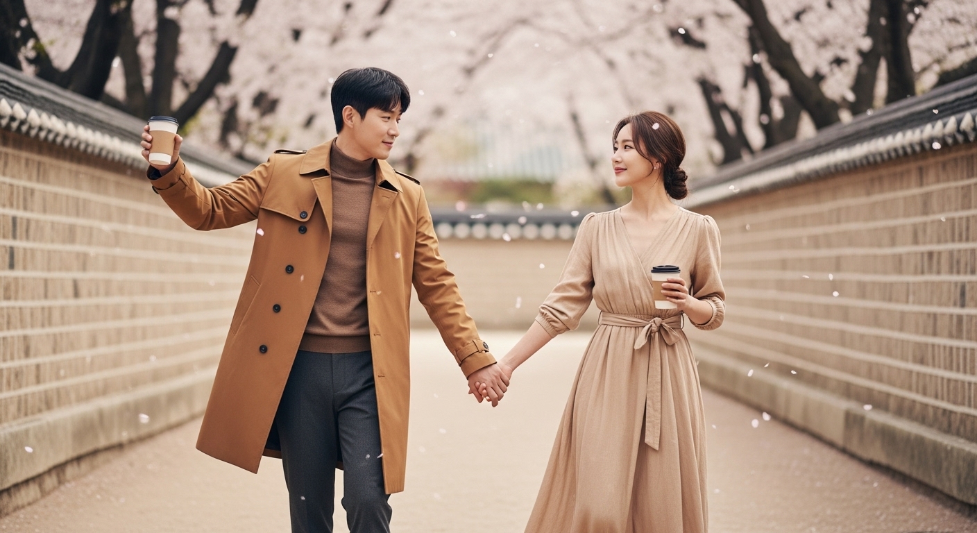 계해일주 남자가 벚꽃이 휘날리는 길에서 여자친구와 데이트를 하고 있다