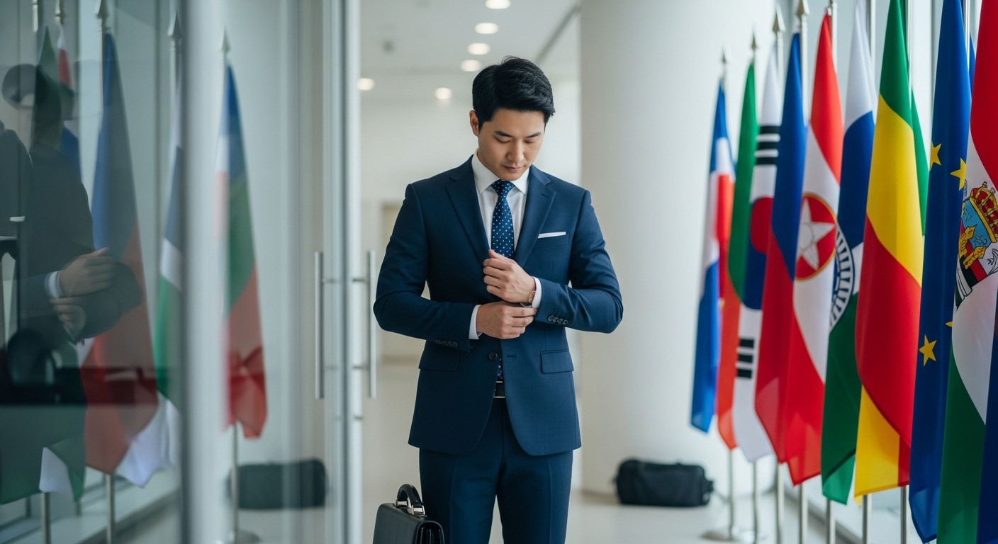 계해일주 남자 외교관이 옷 매무새를 가다듬고 있다