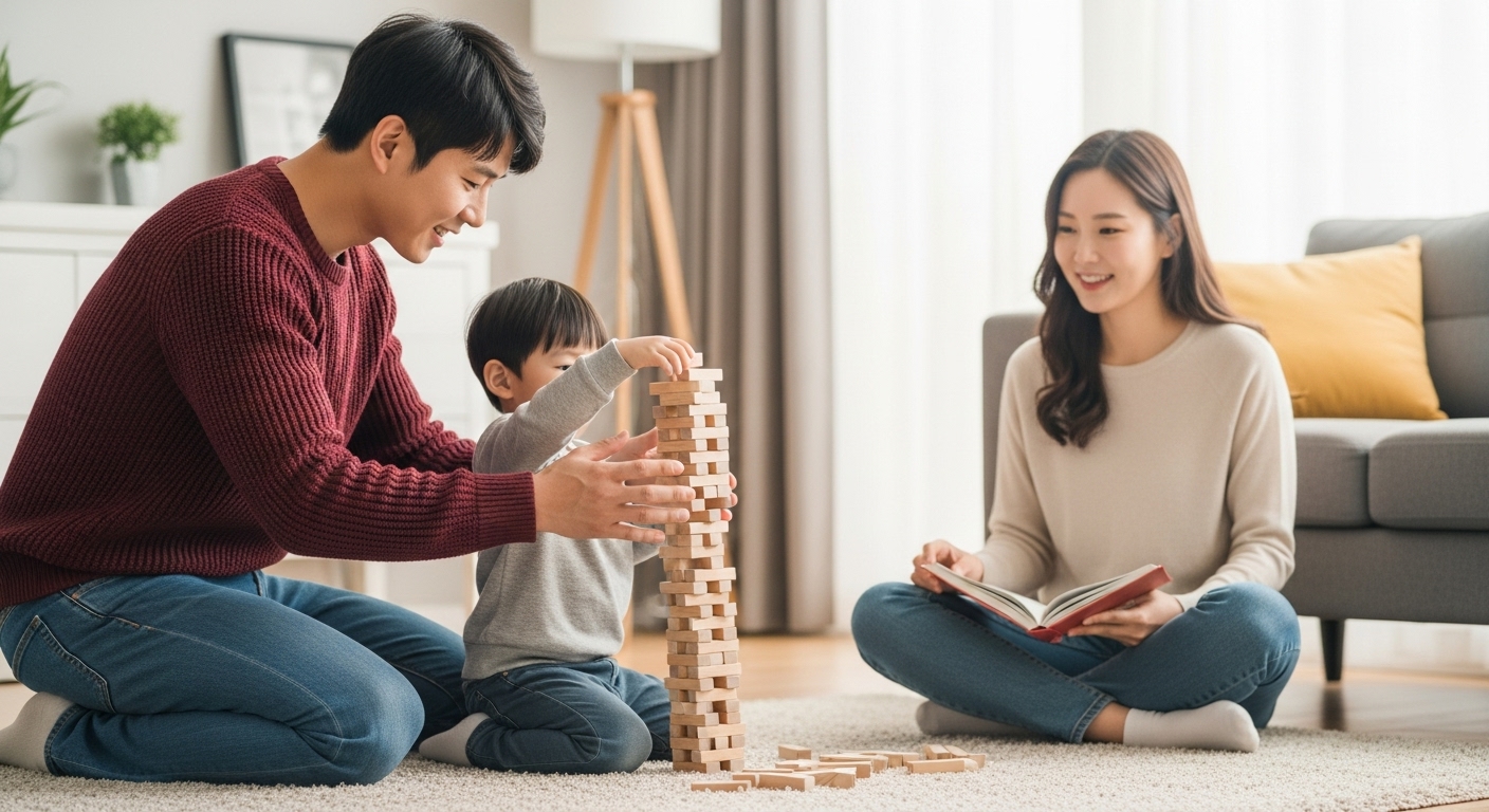 계해일주 남자가 아이와 함께 젠가를 하고 있다