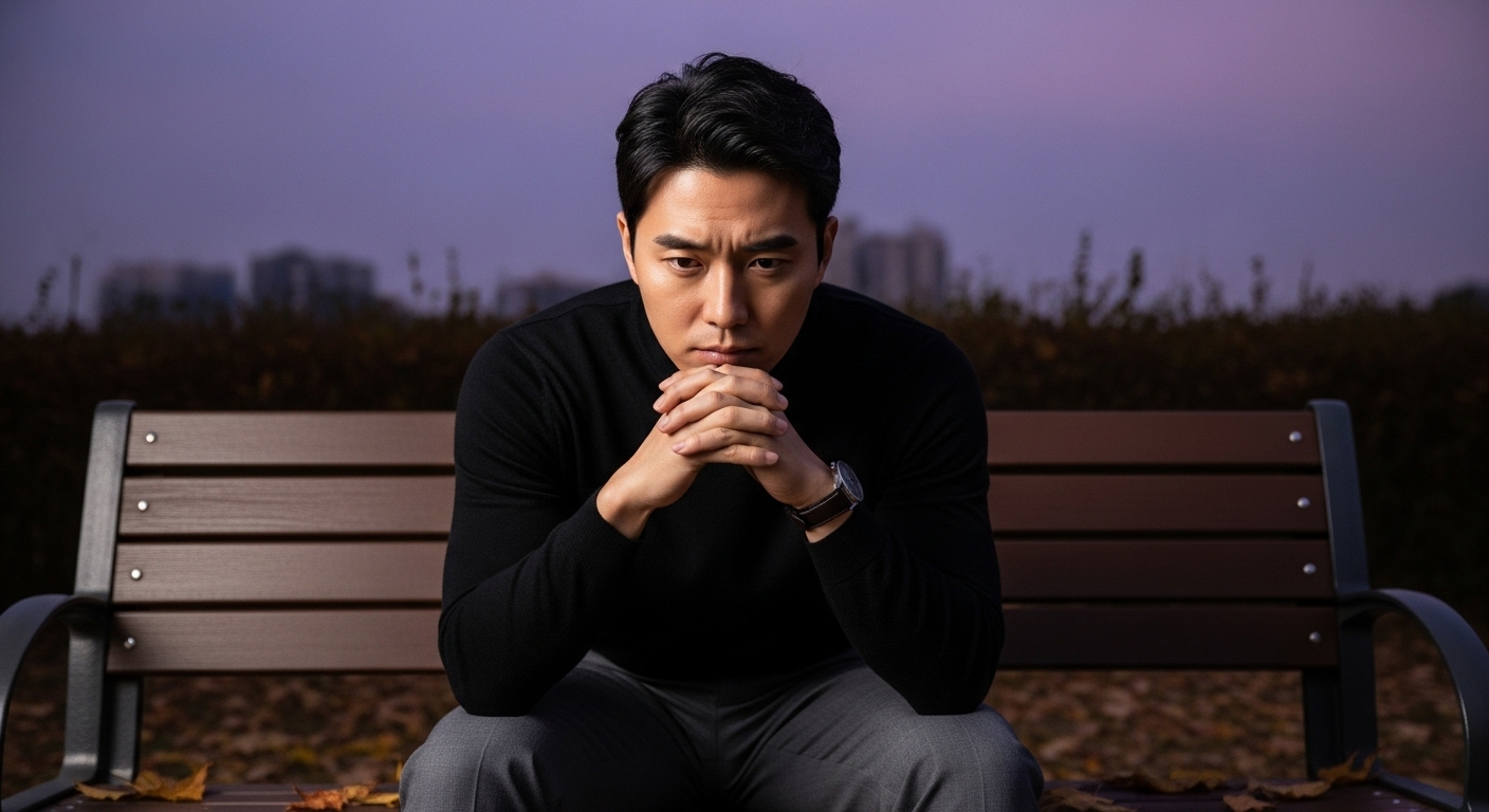 계해일주 남자가 황혼이 진 공원의 벤치에서 생각에 잠겨있다
