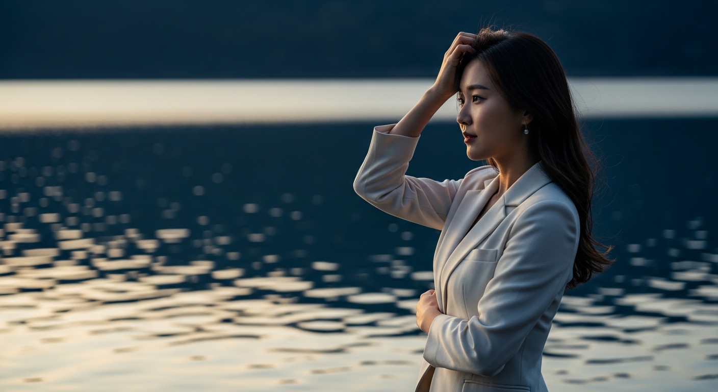 계해일주 여자가 물 앞에 서있다.