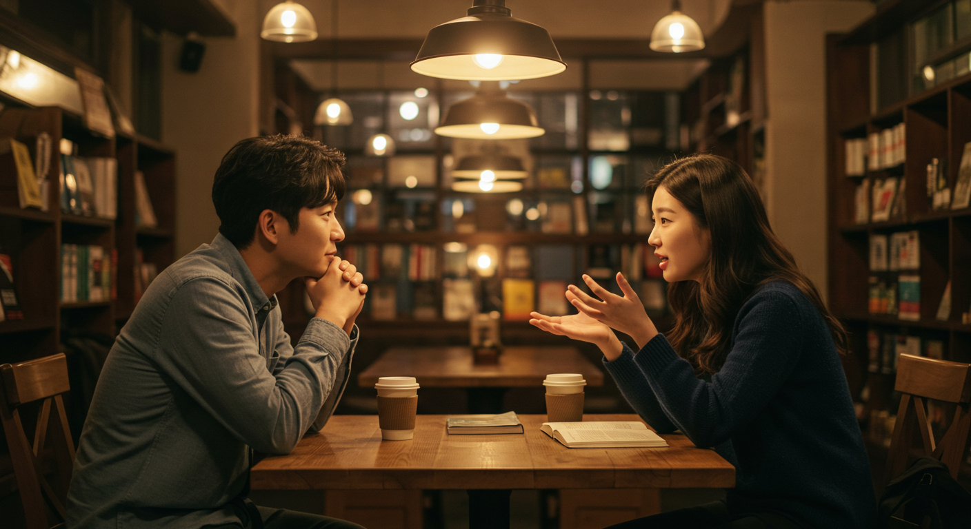 계해일주 여자가 남자친구와 카페에서 이야기를 나눈다