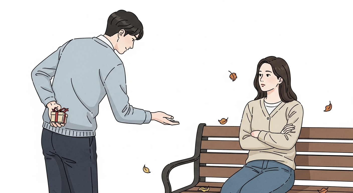 계해일주 여자가 화났고 남자친구는 깜짝 선물을 준비한다