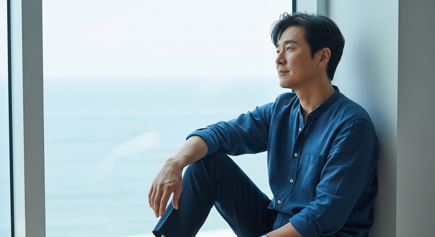 임자일주 남자가 건물에서 창밖을 바라보는 모습 