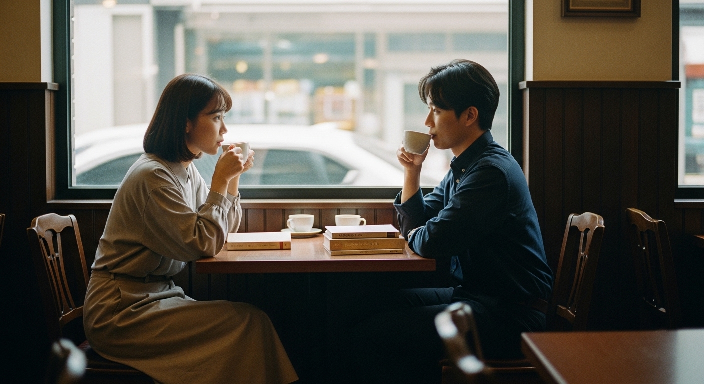 임자일주 남자와 그의 연인이 카페에서 커피를 마시며 지적인 대화를 하고 있다. 