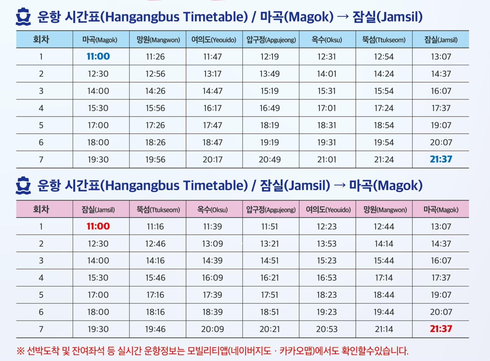 한강버스 운항 시간표 